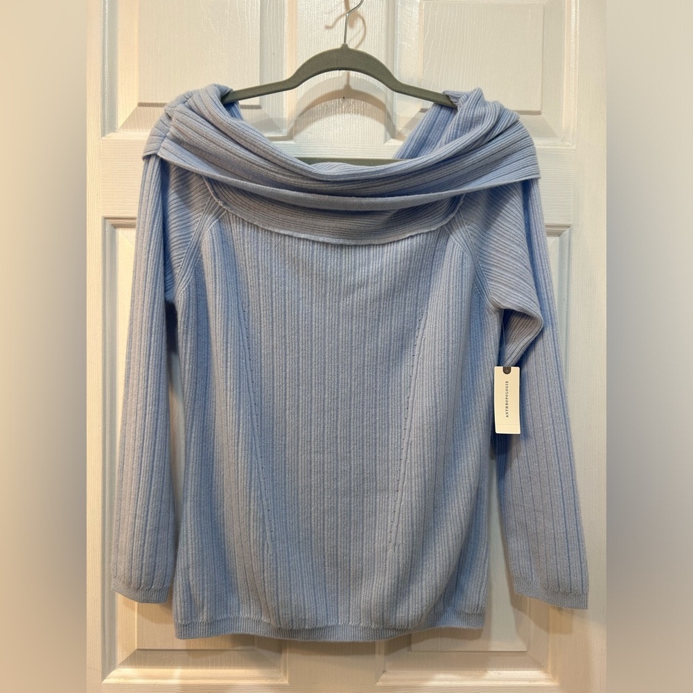 NWT Anthropologie Wool Cashmere Cowl Neck Lightweight Sweater Sz L Coastal Blue